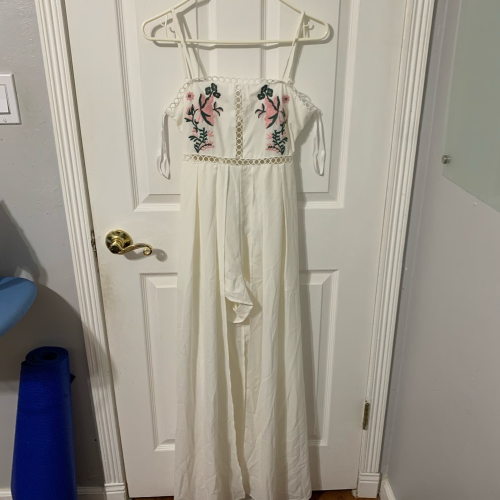 Thin Strap White Romper with Train and Open Back
